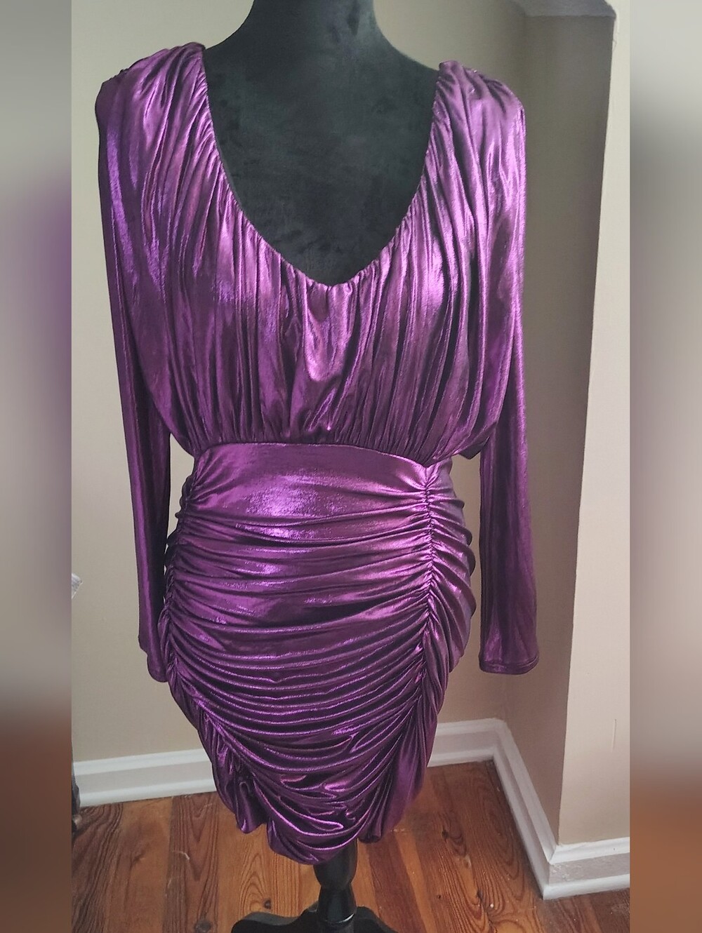 Metallic V Neck Long Sleeve Mini Dress |Elegant Purple Women's Dress